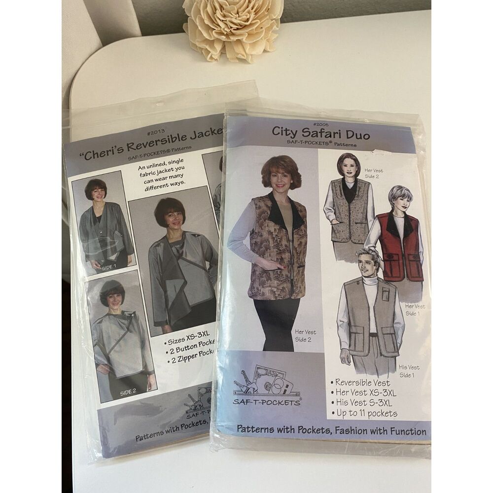 Saf-T-Pockets Sewing Patterns Lot 2 Cheris Reversible Jacket City Safari Vest